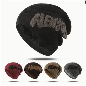 Unisex warm knitted hat with fleece lining, New Year letter winter hat, sports elastic fit, hand wash/dry clean, outdoor hat for cold weather.
