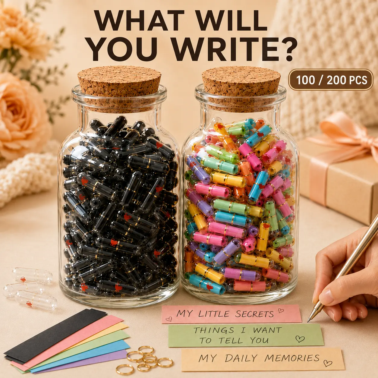 100/200PCS DIY Message Capsule Jar - Perfect for Personalized Gifts & Memories  Includes Cork Stoppers & Assorted Colors - Ideal for Handwritten Messages & Sentimental Keepsakes-MM