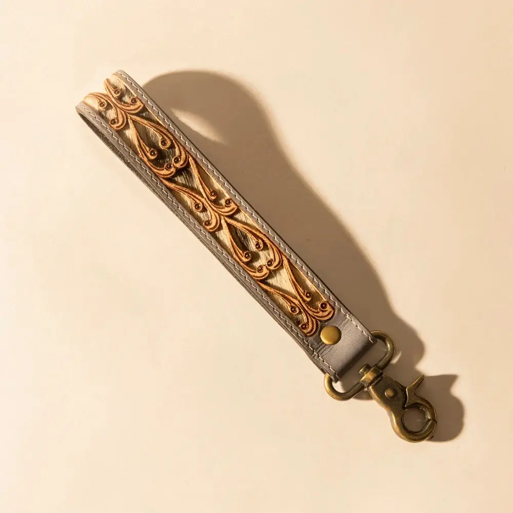 Wildvine Pony Western Handtooled Key Fob In Dusk Blue With Hairon Detail