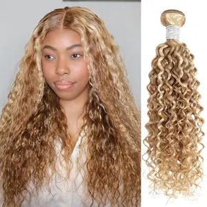 ALHER13A 27/613 Human Hair Bundles Water Wave 22 Inch, Soft and Silky Highlight Blonde Single Curly Bundle Wet n Wavy 100% Raw Hair Ombre Highlight Honey Blonde Sew In Weave #F27/613 Colored Weft