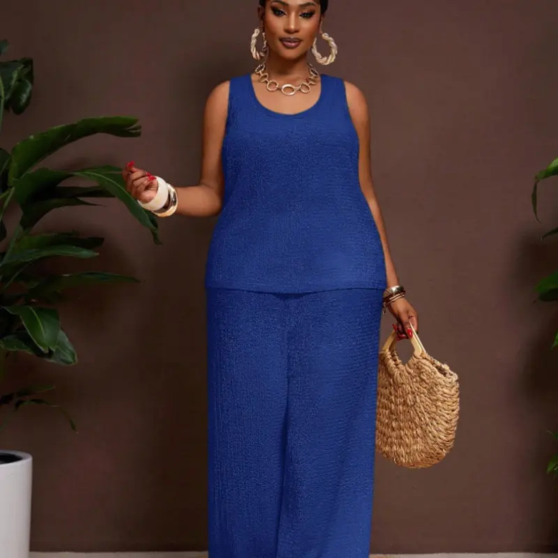Plus Size Women's Comfortable U-Neck Sleeveless Top with Pockets, Loose Fit Textured Tank, Wide Leg Pants, Business Casual Chic Womenswear Set, Coordinate Set