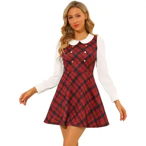 Allegra K Women's Plaid Peter Pan Collar Long Sleeve Mini A-Line Dress Small Red