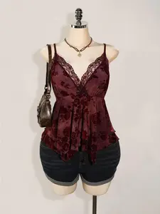 UrbanAthleteStore x ICON Plus Size Hippie Women Lace Contrast Allover Print Asymmetric Hem Camisole Top, Suitable For Festivals, Summer Vacation, Graduation Season, Back To School