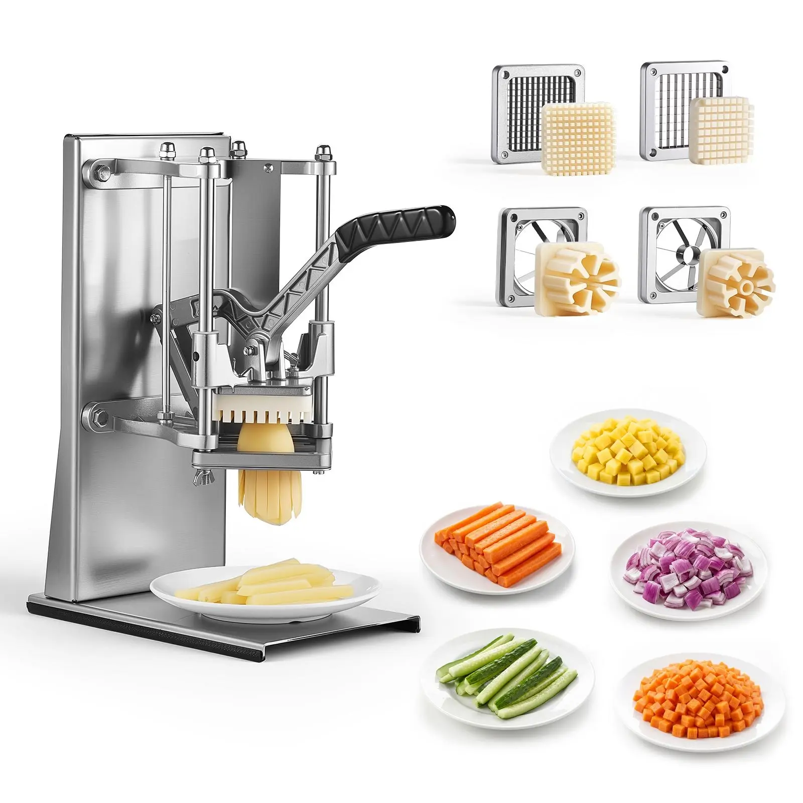 【Summerfinds】VEVOR French Fry Cutter, Commercial Vegetable Chopper with 4 Blades - 1/4", 3/8", 6-Wedge Slicer & Apple Corer - Wall Mount Stainless Steel Potato Cutter, for Home & Restaurant Use