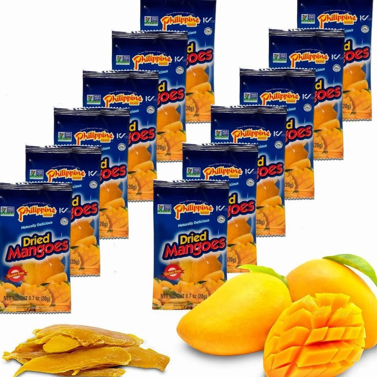 Philippine Brand Dried Mangoes Fruit Snacks- All Naturally Gluten Free, Vegan, Hand-Selected Delicious Fresh Mangos from Philippines, Grab and Go Perfect for Office & School Food (.7oz (12 pack))