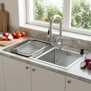 Huxhwsi Double Bowl Stainless Steel Kitchen Sink, 30.7 x 16.9 in Drop-In Sink with Nano Coating, Drain Assembly and Drain Basket