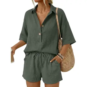 Women 2 Piece Linen Short Sets 2026 Summer Vacation V Neck Short Sleeve Beach Outfits Oversized Button Cotton Pjs
