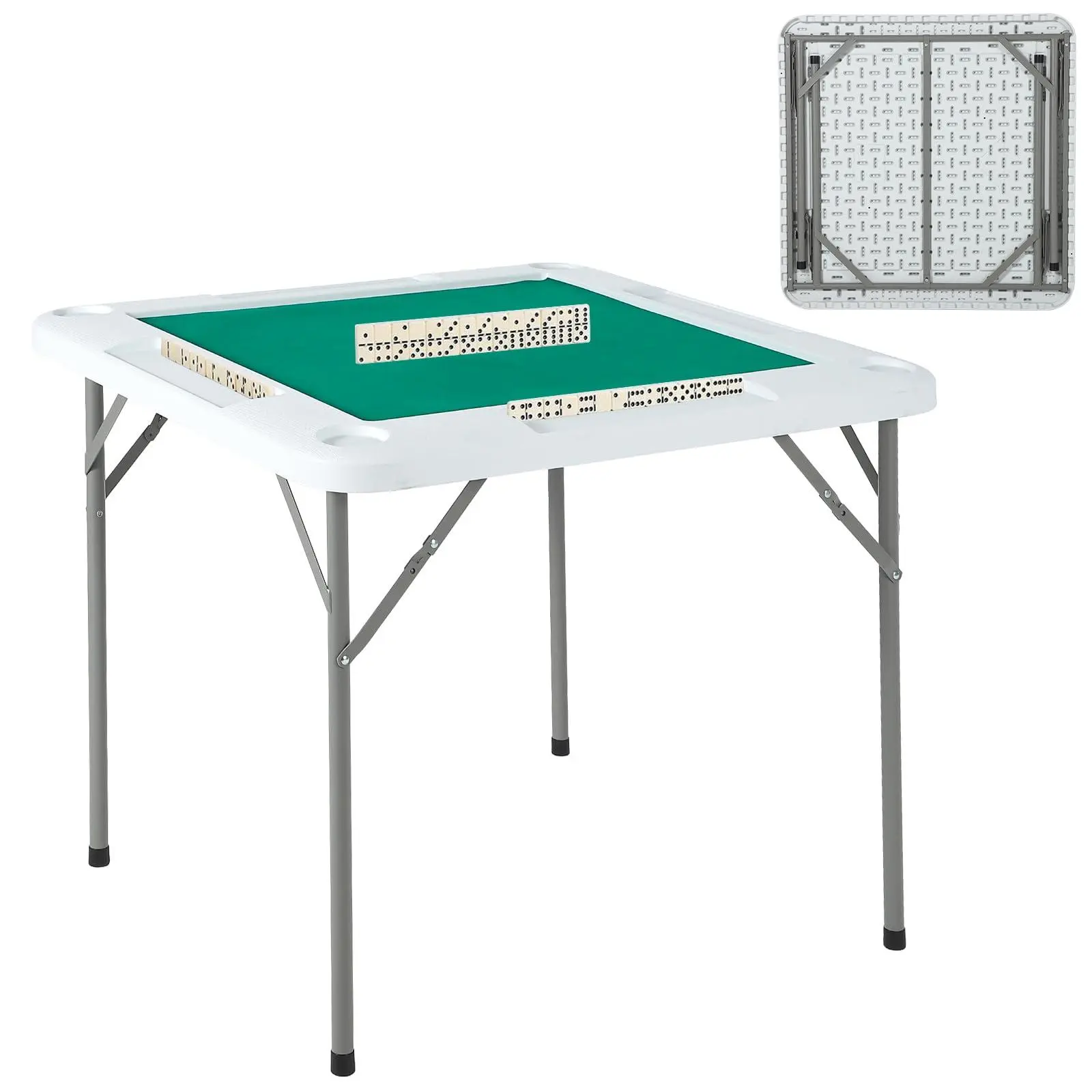 GAOMON Folding Board Game Table - 39.4x39.4in Square 4-Player Desk with Folding Legs, Wear-Resistant Green Tabletop, Cup Holders, Chip Trays for Card Games, Mahjong