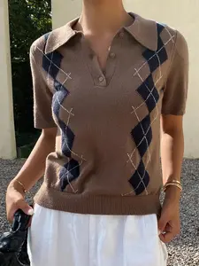 2026 Spring Argyle Knit Polo Top for Women, Short Sleeve Collared Sweater, Casual Preppy Style Knitwear, Slim Fit Lightweight Jumper for Daily Office & Streetwear, Trendy Brown Knit Blouse, Perfect Spring Summer Basic