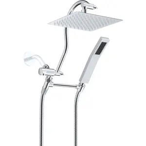 Metal Shower , 8'' High  Rainfall Shower , Showerhead Combo, Handheld Shower Wand, 12'' Adjustable Curved Shower Extension Arm, 71'' Hose, Shower  Holder, Chrome