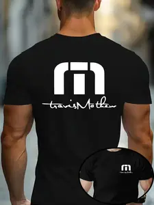 Men's Round Neck T-Shirt, Slim-Fitting Long Sleeve Retro Style, Geometric Pattern, Breathable Cotton Feel, Golf & Gym Wear