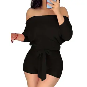2025 Women's Plus Size Off-Shoulder Romper - Black, Stretchy Polyester Blend, Casual Batwing Sleeve Jumpsuit for Summer