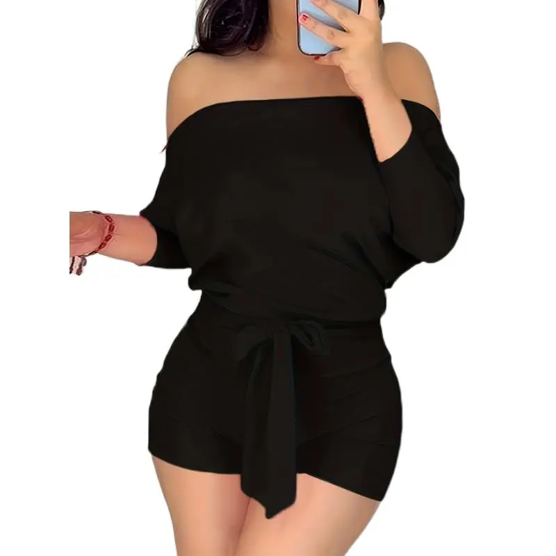 Women's Sporty Casual Off-the-Shoulder Jumpsuit in Solid Black Polyester Knit with Batwing Sleeves and a Strapless Cut, Sporty Sports Clothing Sets