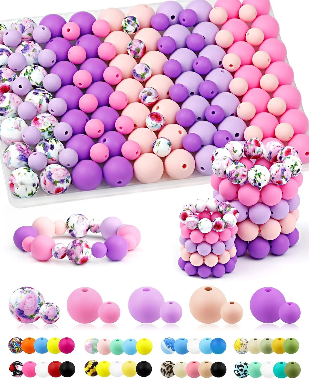 100PCS Silicone Beads for Keychain Making, 9mm & 15mm Pink Purple Mixed 5 Colors Silicone Focal Beads for Bracelets, Beadable Pens and DIY Crafts