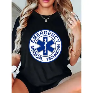 Women’s Black EMT Emergency Medical Technician Star of Life Caduceus Graphic T-Shirt – Casual Workwear for EMS Professionals, Medical Staff, Ideal Gift for EMTs 100% Cotton T-shirt