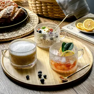 Nifogo Vintage Coffee Mugs 8Pcs Set, Clear Embossed Tea Cups with Bamboo Lids and Spoons, 16 Oz Glass Coffee Cups, Cute Coffee Bar Accessories, Iced Coffee Glasses, Ideal for Cappuccino, Latte (Transparent)