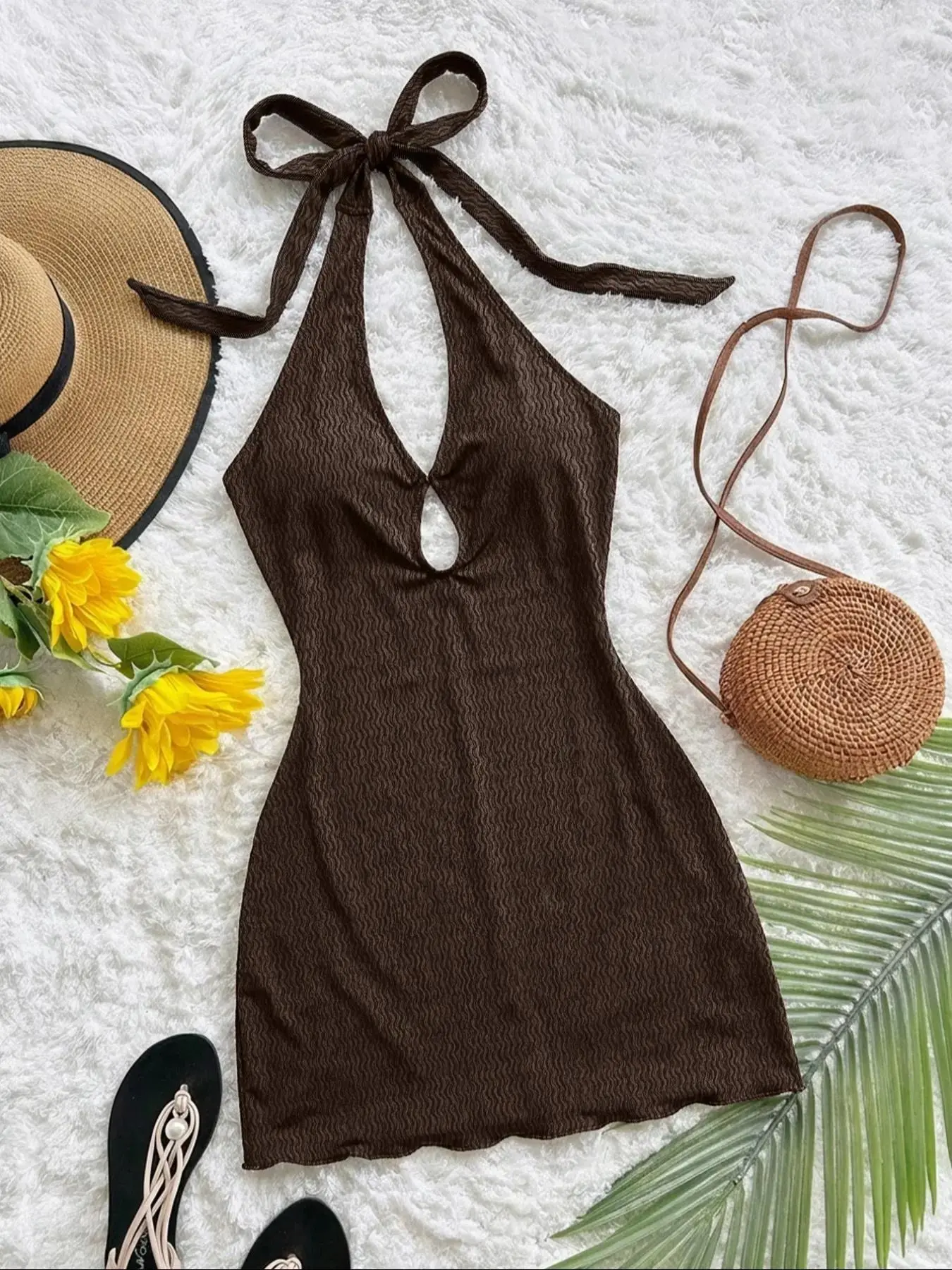 Elegant Bohemian Backless Knit Mini Dress, Women's Chic Sleeveless Beach Wedding Guest Gown, Dresses for Wedding, Basic Casual Wear Vacation Western Style Knitted Fit Womenswear Gypsy Wedding Dress