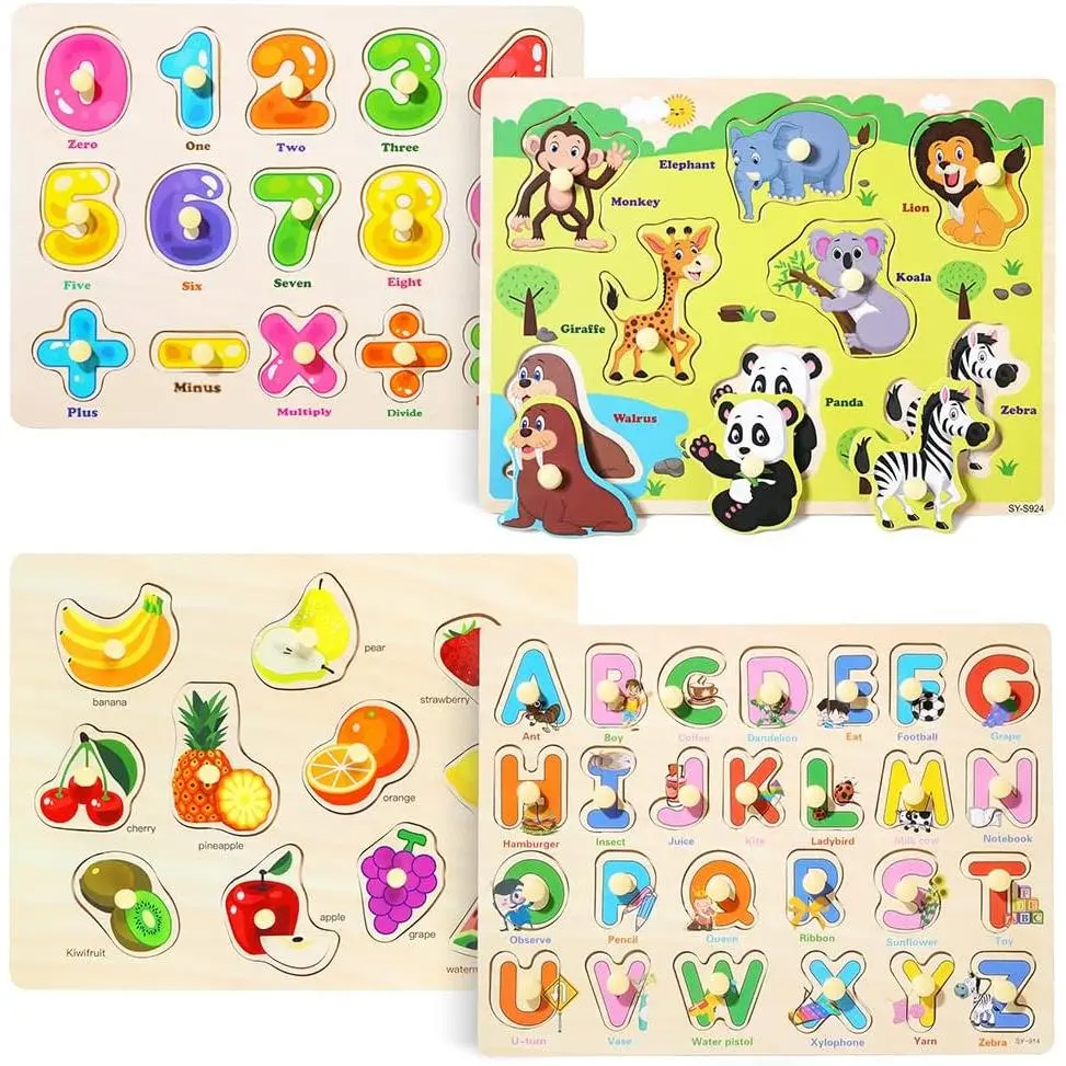 P-ITC031 Durable Wooden Peg Puzzle Set for Toddlers 2-3-4 Years Old, 4 PCS Montessori Educational Puzzles - Numbers, Letters, Animals, Fruits, Easy to Grasp, Ideal Preschool Gift for Children