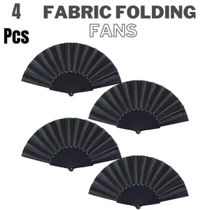 4 Pcs Black Folding Hand Fans Fabric Fans Chinese Japanese Style Summer Handheld Fan for Party, Wedding, Gifts, Wall Decoration,Photographic Props