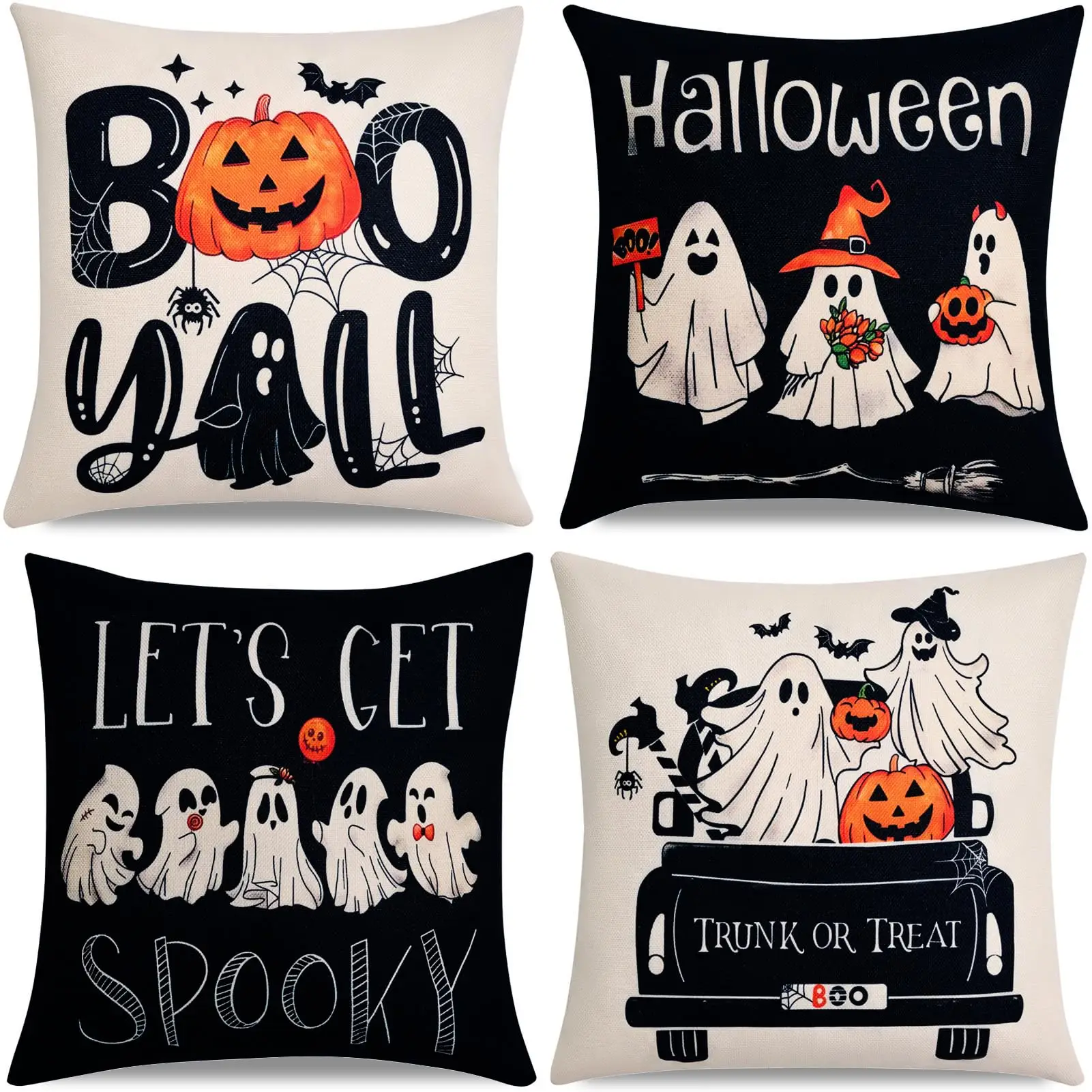 Halloween Themed Cushion Cover, 4 Counts/set Ghost Pumpkin Pattern Throw Pillow Cover, Zippered Cushion Cover for Sofa Bedroom and Outdoor Decor