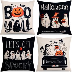halloween themed cushion cover, 4 counts/set ghost pumpkin pattern throw pillow cover, zippered cushion cover for sofa bedroom and outdoor decor, home decor for home decorative cushion