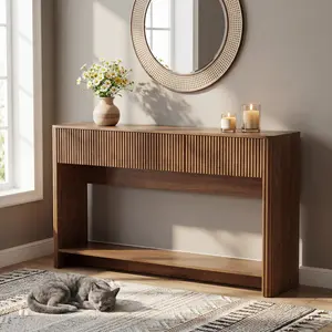 Oxirth  Fluted Console Table with Storage, Entryway Table Sofa Table with 3 Drawers and Open Shelf, Modern Narrow Display Shelf for Hallway Living Room