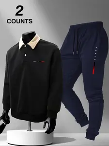 Men's Polo Collar Sweatshirt Set, Autumn Winter Letter Print Fleece Pullover + Drawstring Casual Sport Pants, 2 Pieces Pack