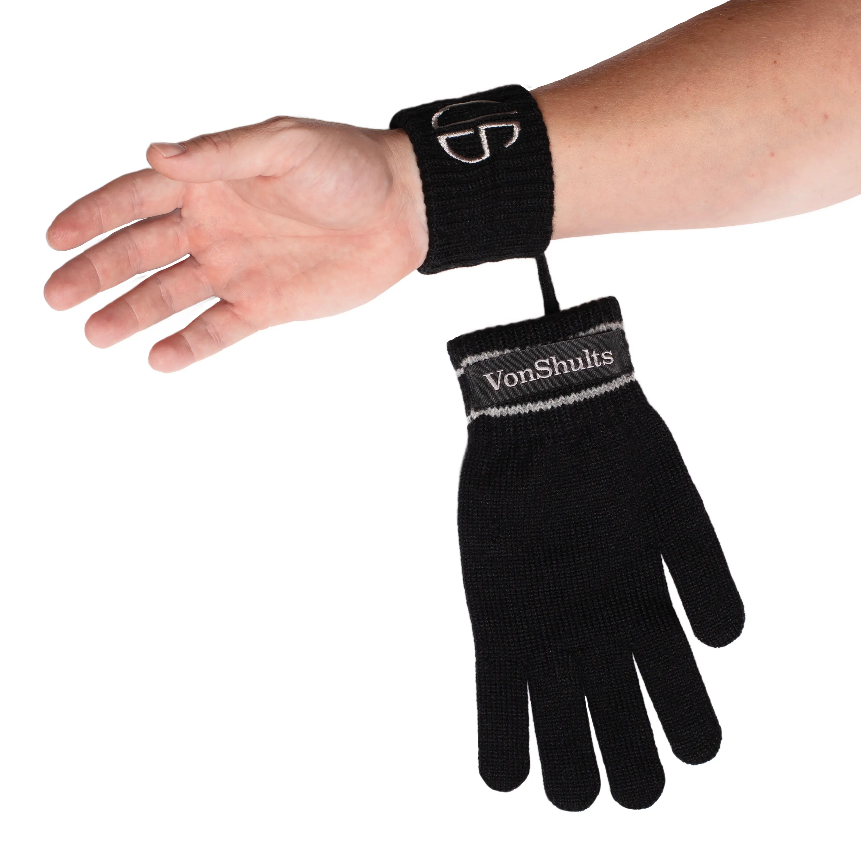 VonShults Merino Wool Mens Winter Gloves with Elastic Wrist Strap - Never-Lose Patented Design with Band String - Cozy Gloves Warm Knit Mittens for Men Cold Freezing Weather - Black