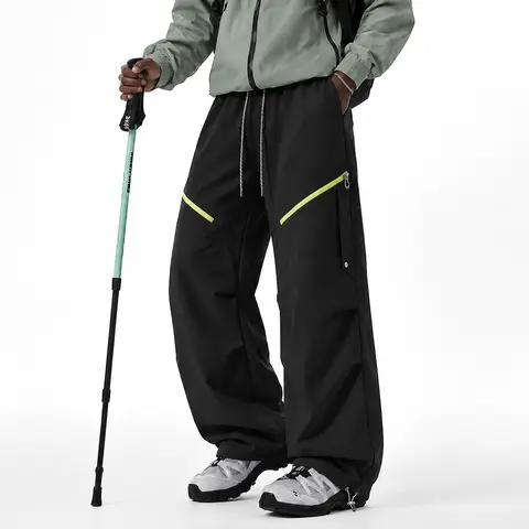 Men's Bottoms - Unisex Off-Road Style Adjustable Water-Resistant Stripe Trousers, Waterproof Windproof Breathable Fabric, Large-Capacity Side Zippered Pockets, Loose Straight Cut Durable Pants for Mountaineering, Bottom