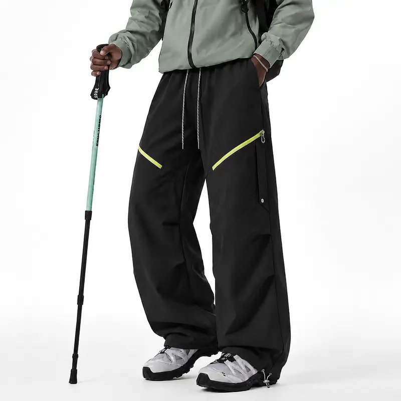 Men's Bottoms - Unisex Off-Road Style Adjustable Water-Resistant Stripe Trousers, Waterproof Windproof Breathable Fabric, Large-Capacity Side Zippered Pockets, Loose Straight Cut Durable Pants for Mountaineering, Bottom