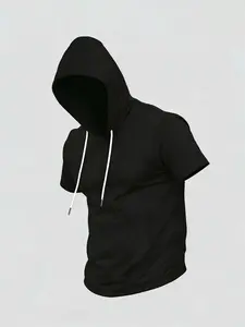 Men's Slim Fit Short Sleeve Hoodie - Solid Black Casual Hooded T-Shirt with Drawstring, Lightweight Breathable Streetwear for Gym Workout & Summer Fashion, Trendy Minimalist Athletic Tee for Guys