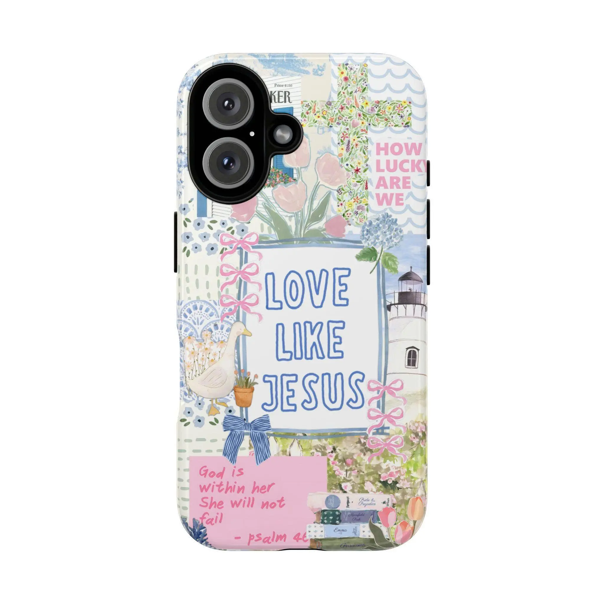 Faith & Floral Phone Case – "Love Like Jesus" Quote with Psalm 46:5, Pastel Cross & Gingham Background for iPhone 17–11 Pro Max, Colorful Personalized