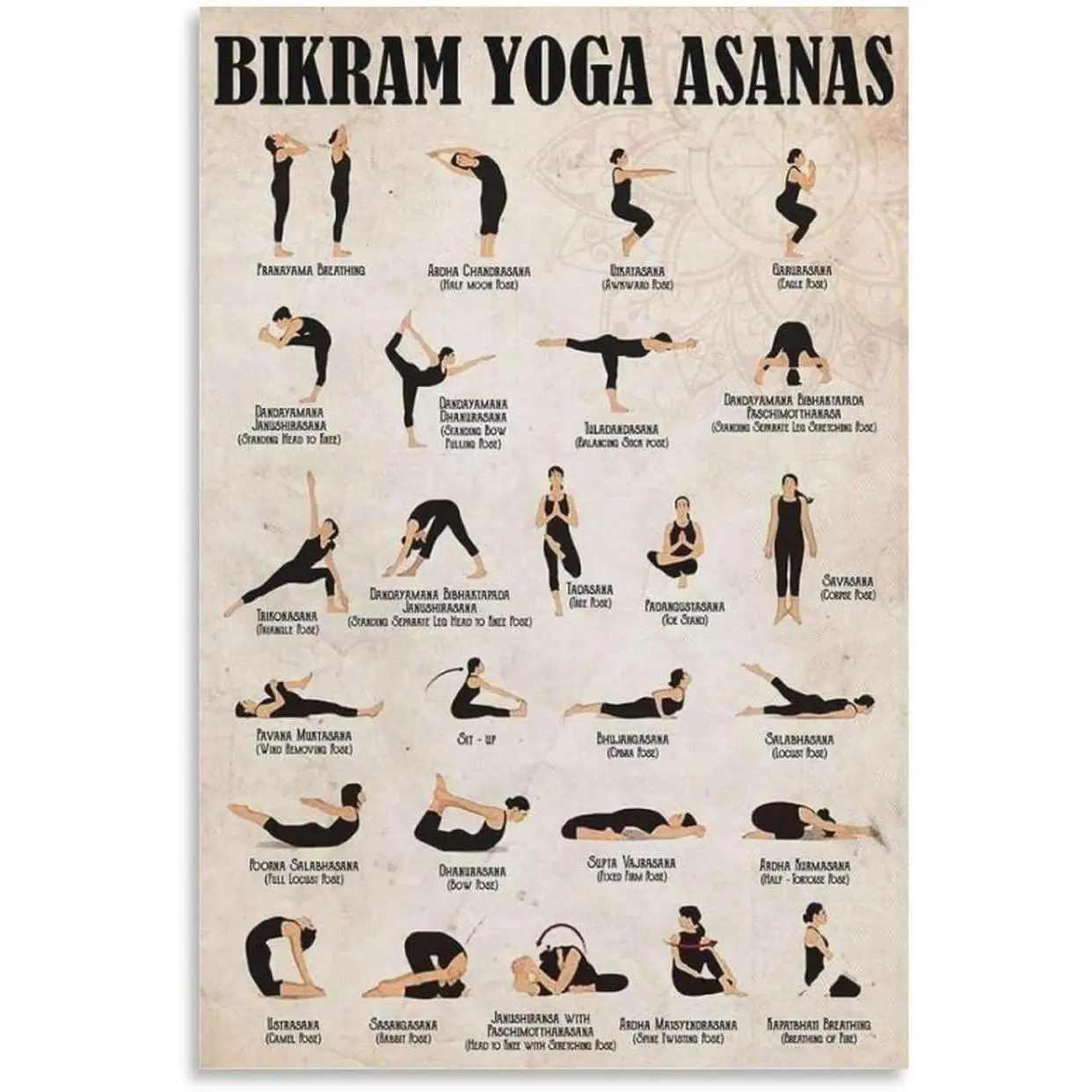 FGJERIO Vintage Yoga Poses Print, Artistic Wood-Framed Bikram Yoga Asanas Chart Canvas Poster, Home Decoration Wall Art for Living Room - 20x30in (50x75cm) Gift Option