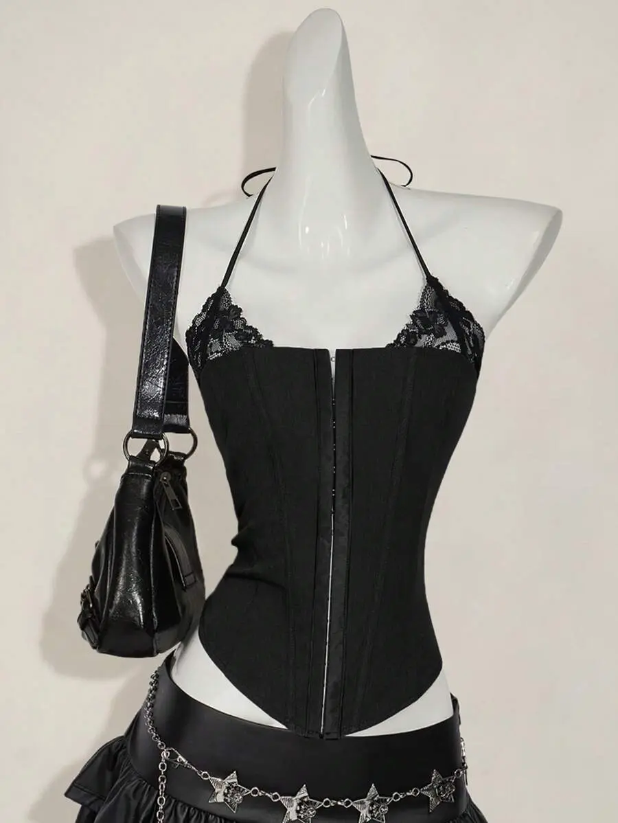 VELORA x ICON 1 Pc Women's Fitted Lace 2 In 1 Halter Camisole Goth Goth