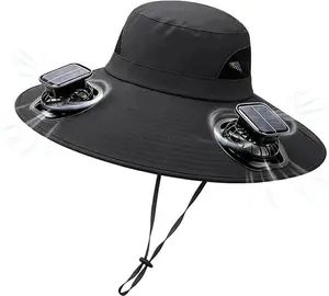 Solar Powered Dual Fan Wide Brim Sun Hat Cooling Fishing Bucket Hat USB Rechargeable Solar Fan Hat Outdoor UV Protection Hat for Gardening Hiking Beach Camping Men Women Summer Heat Relief Hat