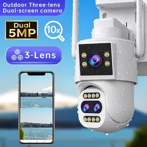 【JOOAN 2K Triple Lens Dual Screen Outdoor/Indoor Security Camera】10x Optical Zoom, 360° PTZ, Waterproof, 2.4G WiFi & Bluetooth Setup with Ethernet Port, Color Night Vision, Motion Detection & Auto Tracking, Two Way Audio, Sound & Light Alarm, onvif/alexa