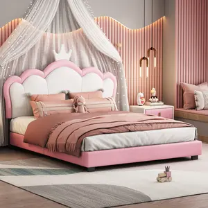 Pink Full Bed Frame, Upholstered Bed with Crown Headboard, Cute Full Bed Frame with Wood Slats, Easy Assembly, PU Learther (Full)