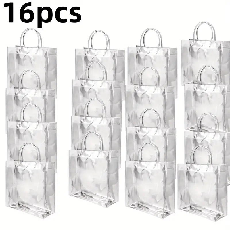 Pack of 16 Clear PVC Gift Bags with Handles,7.87" x 7.87" x 3.15"Reusable Goodie Tote Bags with Ribbons and Tags,Foldable Party Favor Bags for Weddings,Valentine'S Day,Hand Tools Kits,Springtok home tool
