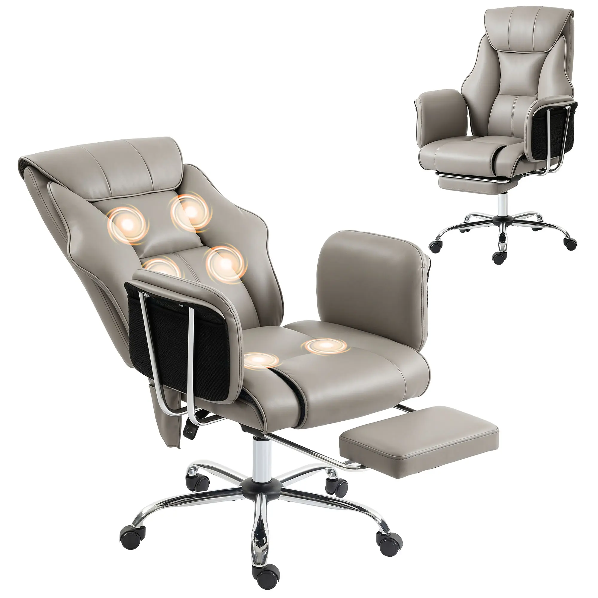 Executive High-Back PU Leather Massage Desk Chair - Father's Gift, 6-Point Vibration, Footrest, Gray, Ideal for Home Office & Relaxation
