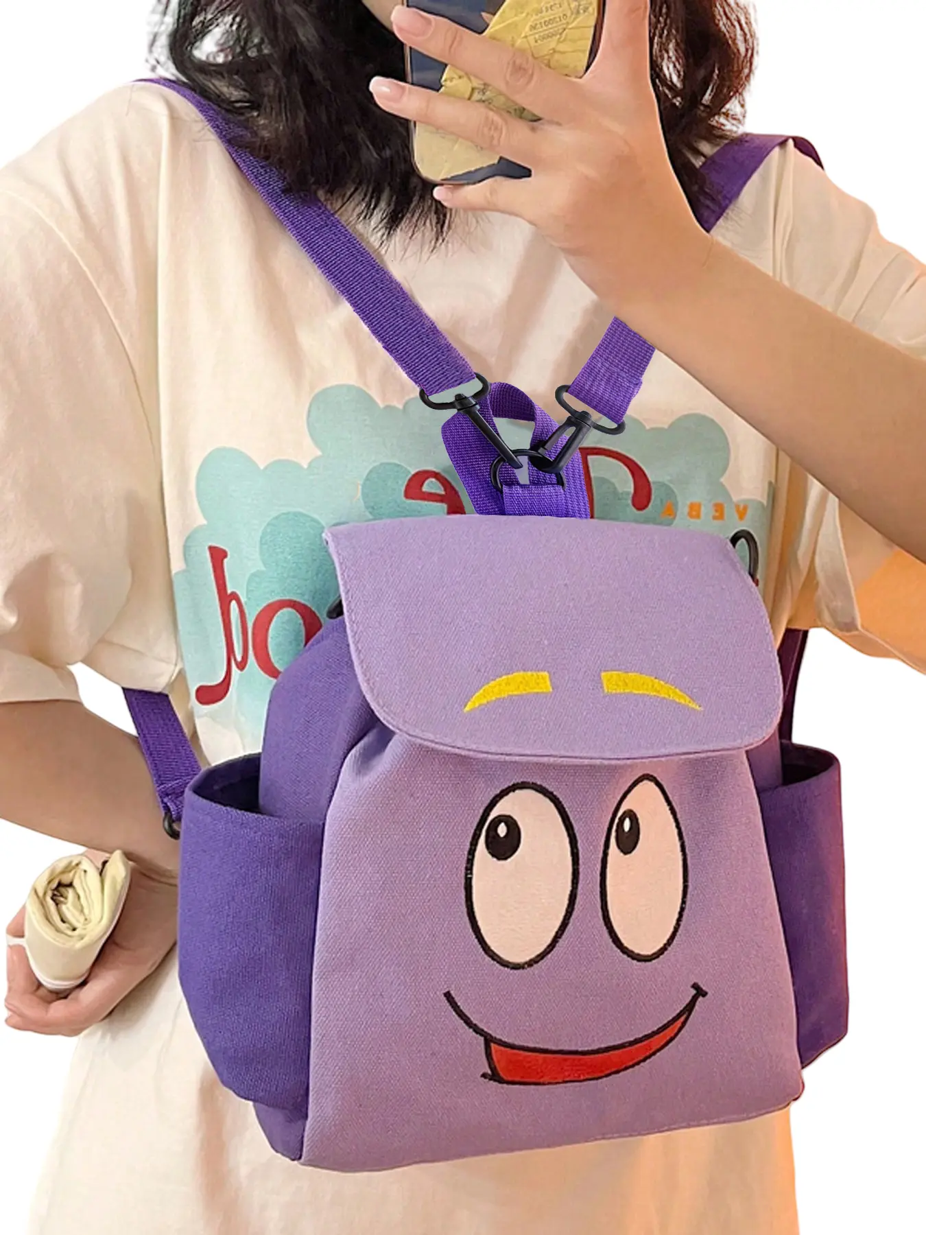 Women's Cute Cartoon Canvas Backpack, Adjustable Strap Crossbody Bag, Travel Casual Phone Wallet, Birthday Gift Idea, Multifunction Backpack, Casual Daypack, Crossbody Backpack Purse, Kawaii Backpack