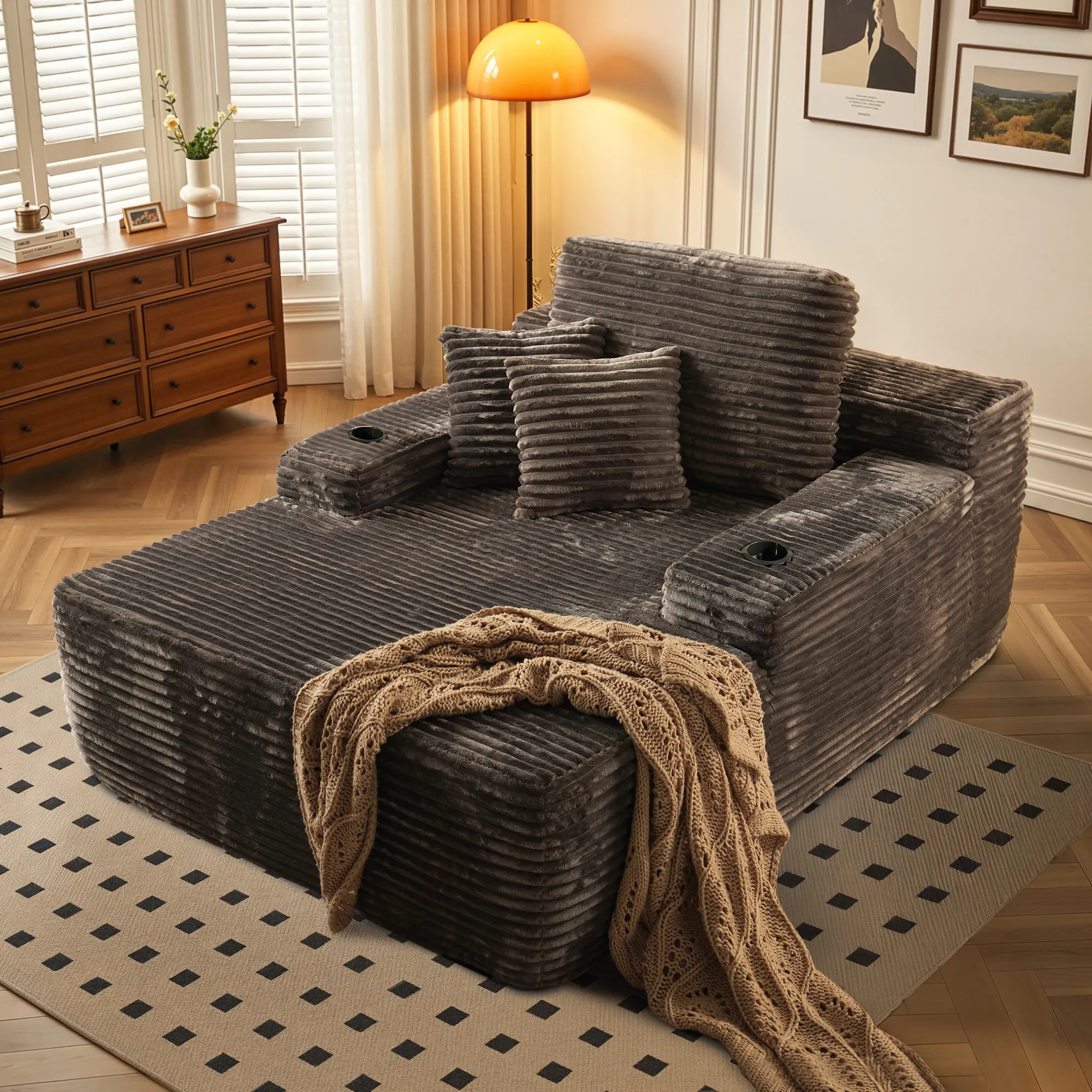 Boneless Cloud Couch with Cup Holder Convertible Floor Sofa Bed with Foam Mattress, 3 Pillows Deep Seat Sofa, No Assembly, Perfect for Small Spaces, Apartments