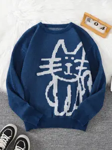 Men's Cartoon Cat Print Drop Shoulder Sweater, Regular Fit Casual Long Sleeve Round Neck Jumper for Fall & Winter, Fashion Men's Knitwear for Daily Wear