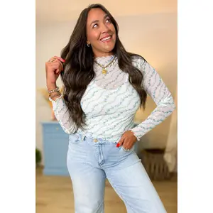 Printed Poppies Mesh Top- Light Blue