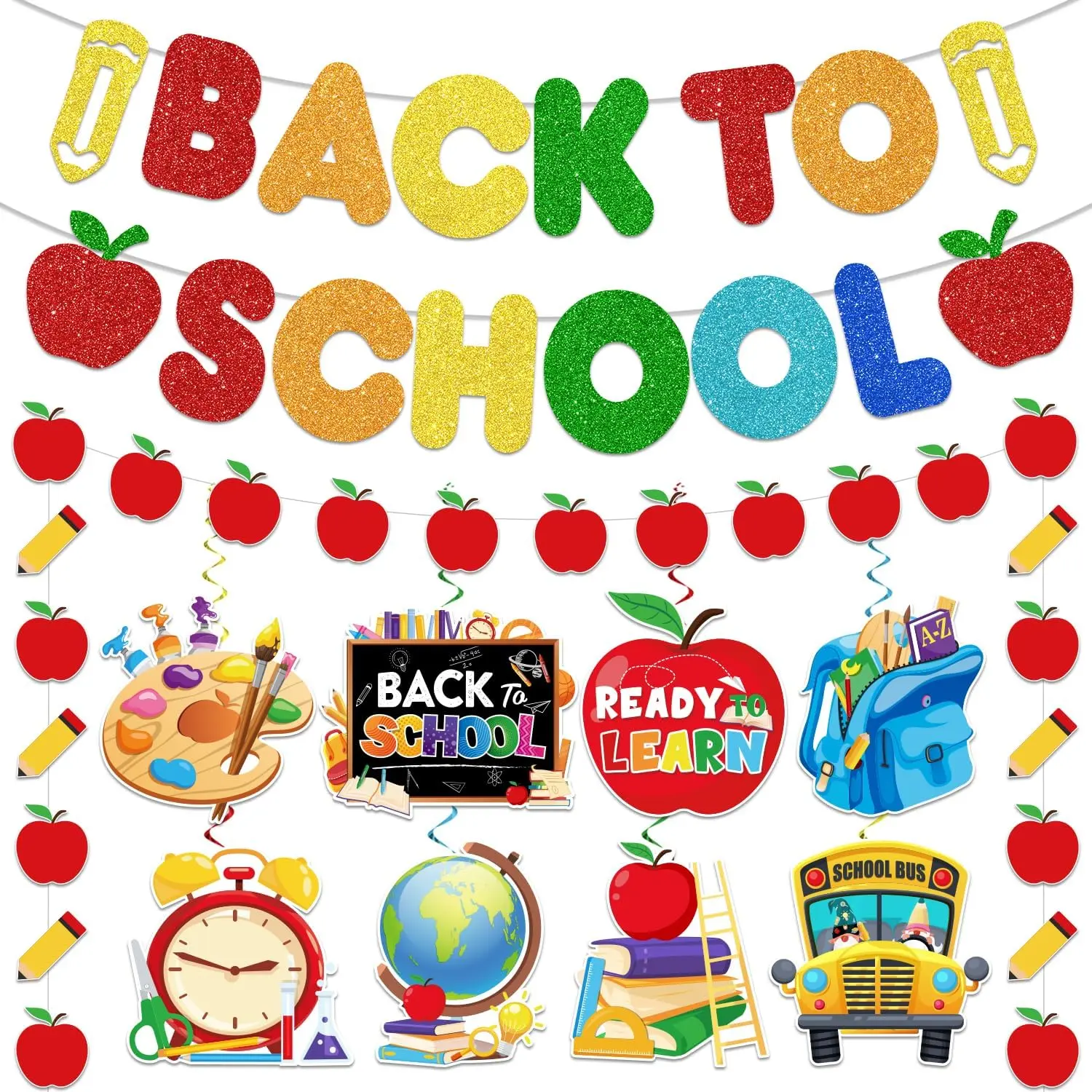 Back to School Decorations, Welcome Back to School Banner for Classroom | NO-DIY Glitter Banner, First Day of School Garland and Hanging Swirls Set, Easy to Hang, Perfect for Home Classroom Office