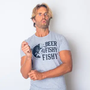 Mens Beer Fishing T shirt, Humor Angling Shirt, Punny Gag Meme Fisherman Loose Fit Tee, Joke Fishing Gifts, Beer Fishy Fishy