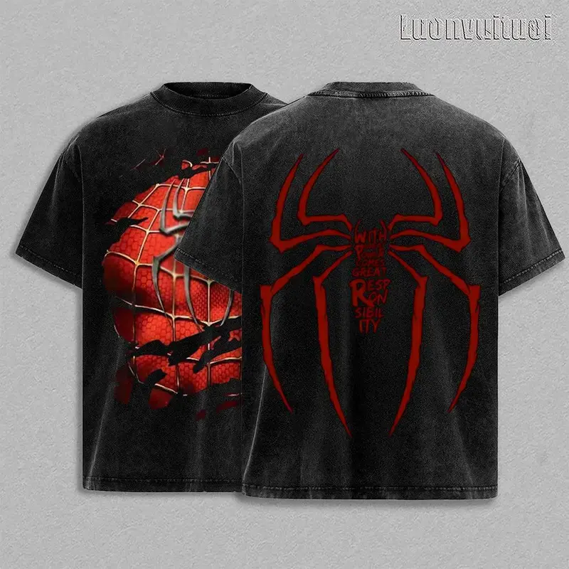 Dark Spidey Man Vintage Washed Graphic T-Shirt, Oversized Heavyweight Cotton Spider Tee, Double Sided Retro Comic Streetwear Shirt, Y2K Grunge Web Slinger Aesthetic, Premium Unisex Graphic Apparel, Collector Fan Gift Merch