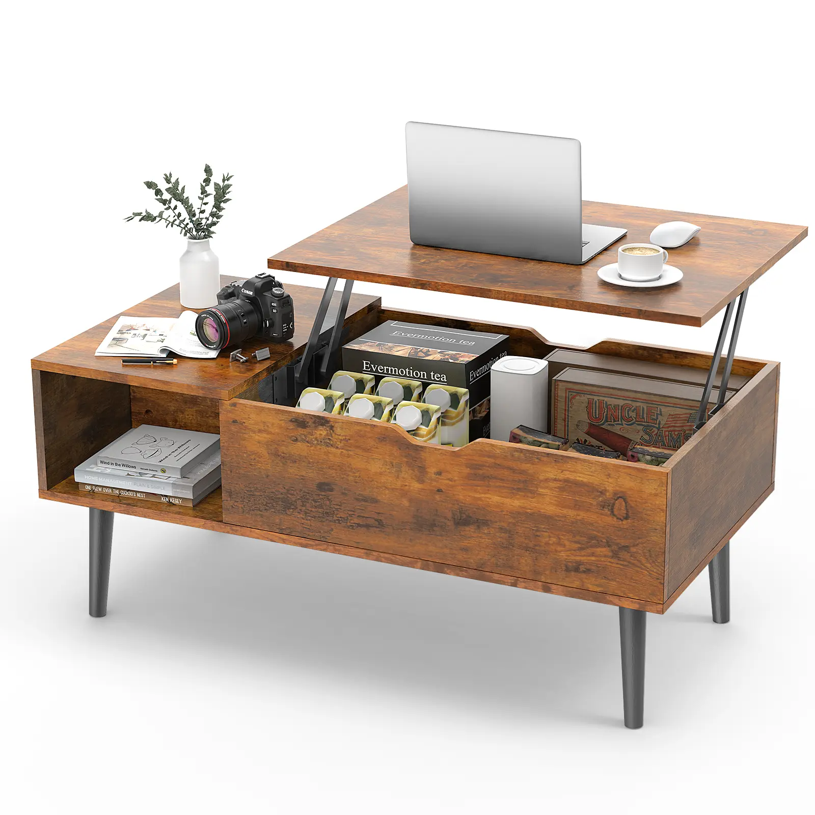 Lift Top Coffee Table for Living Room,Small Coffee Table with Storage, Adjustable Shelf and Storage Compartment, Mid Century Modern Living Room Table, Wood