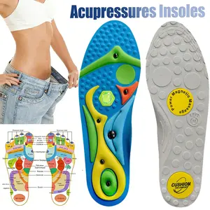 A pair of magnetic insoles for foot acupoints, suitable for both men and women, improves work comfort, provides shock absorption and arch support, and promotes smooth circulation of meridians. Magnetic care insole