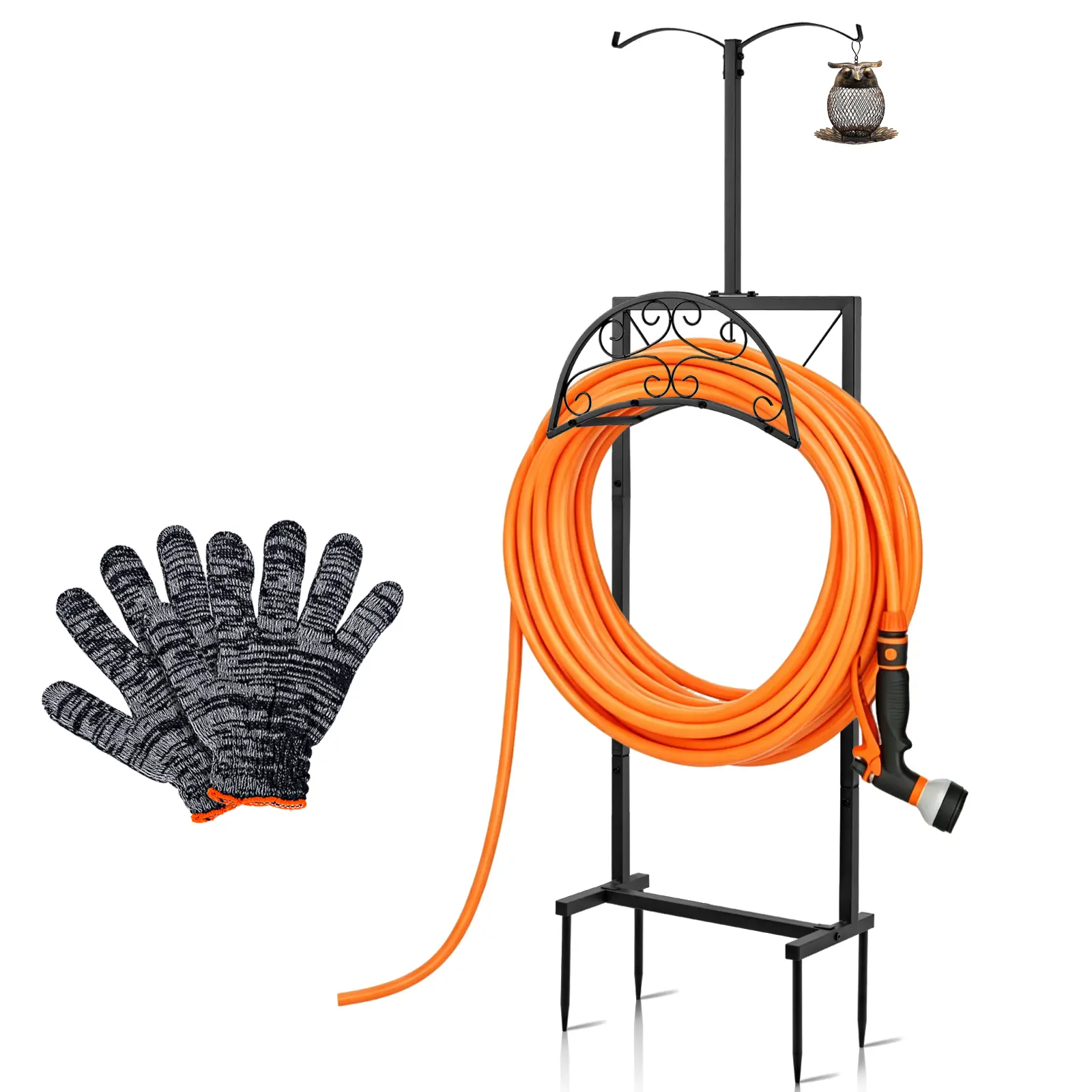 Upgraded Freestanding Garden Hose Holder with 2 Shepherd Hooks - Heavy Duty Metal Water Hose Stand, Outdoor Hose Hanger Storage Rack & Reel Organizer for Yard, Lawn, and Garden (Black)