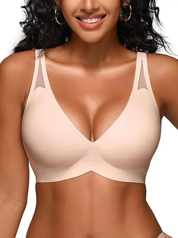Deangelmon Deep V Jelly Bras for Women - S-L Seamless Wireless No Underwire Bralette with Support, Comfy Lightly Padded T-Shirt Bra
